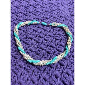 Vintage Plastic Faux Pearl Teal Beaded Necklace Barrel Clasp 16 inches Long